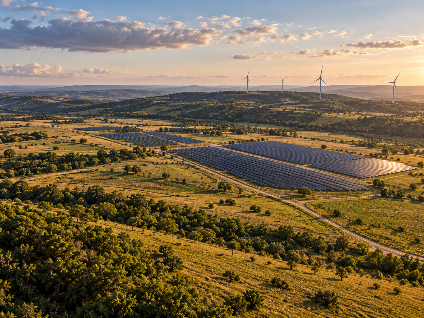 Solar panel arrays and wind turbines across rural hills