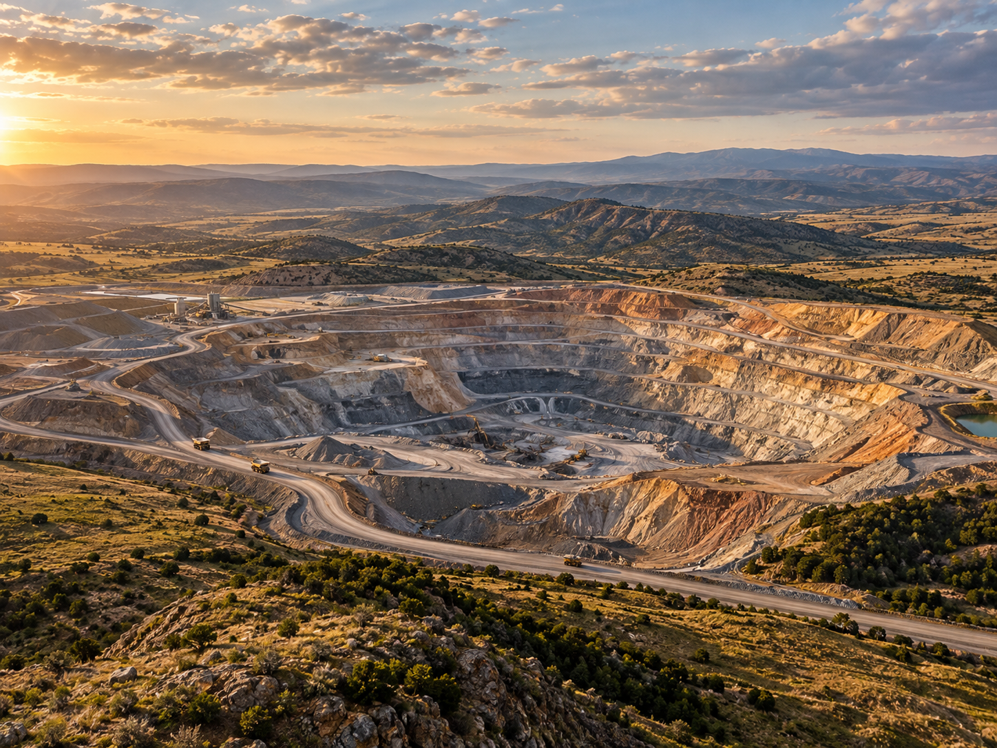 Terraced surface mine amid surrounding hills