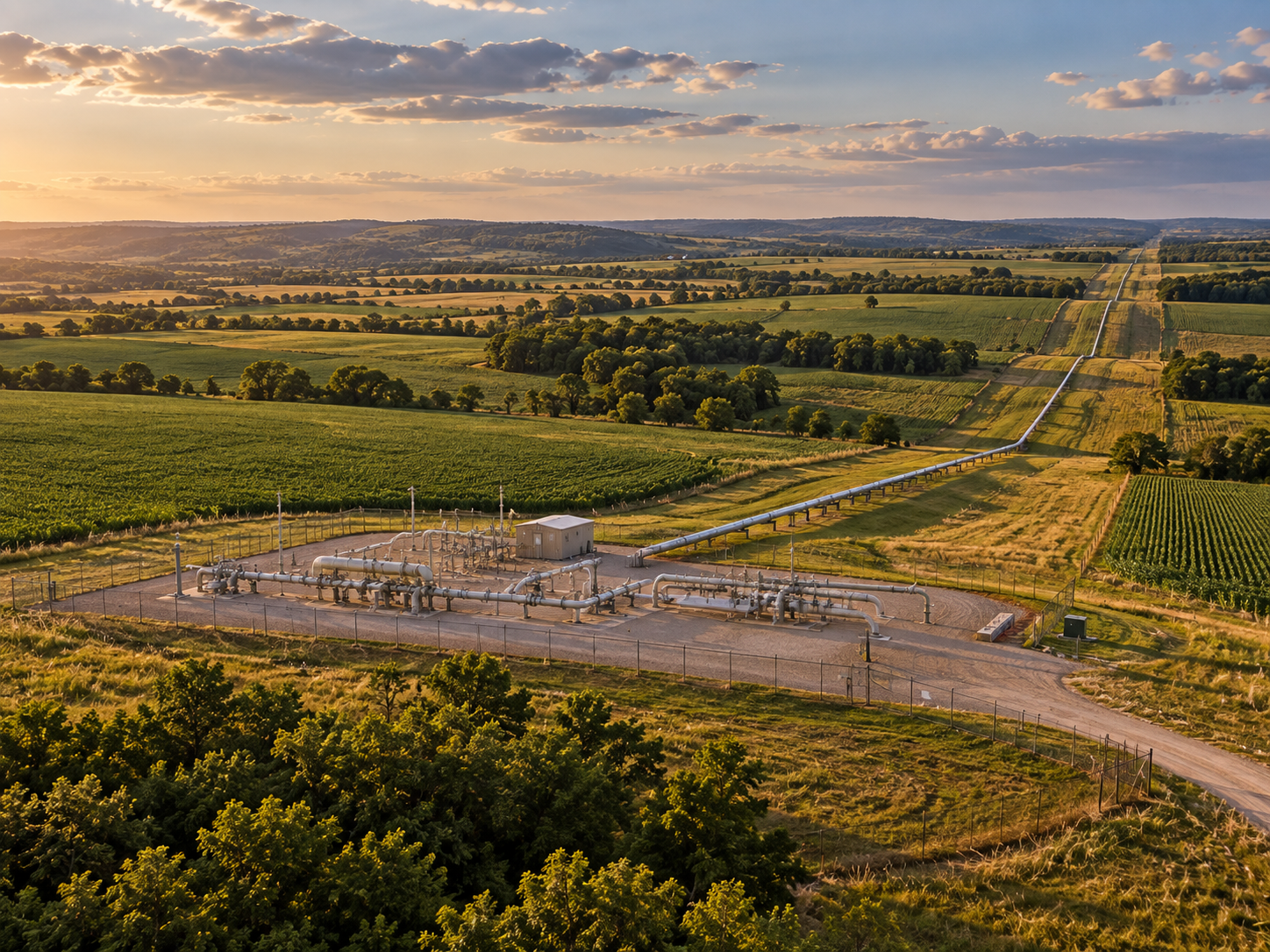 Natural-gas metering station and pipeline corridor through farmland