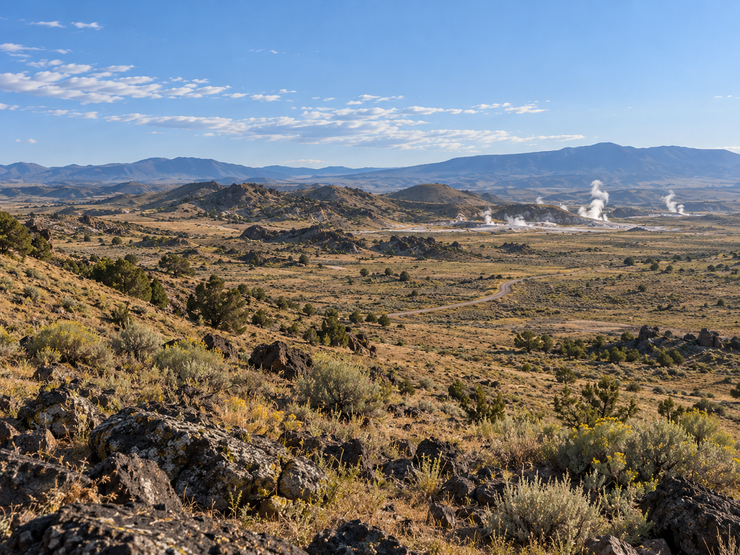 Steam rising from a geothermal field in high-desert hills