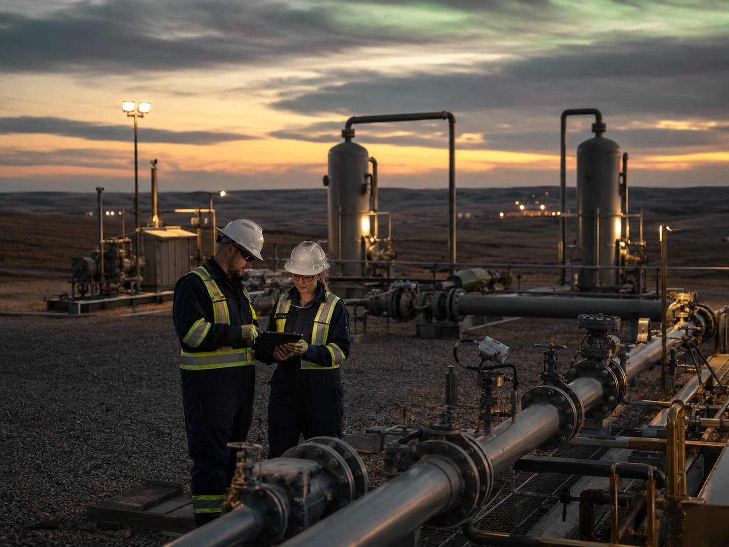 Two workers review a tablet beside pipeline equipment at dusk