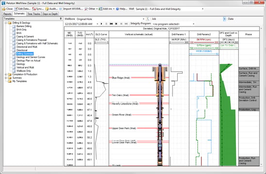 WellView well schematic of a deviated wellbore, with formation tops and drilling parameters by depth