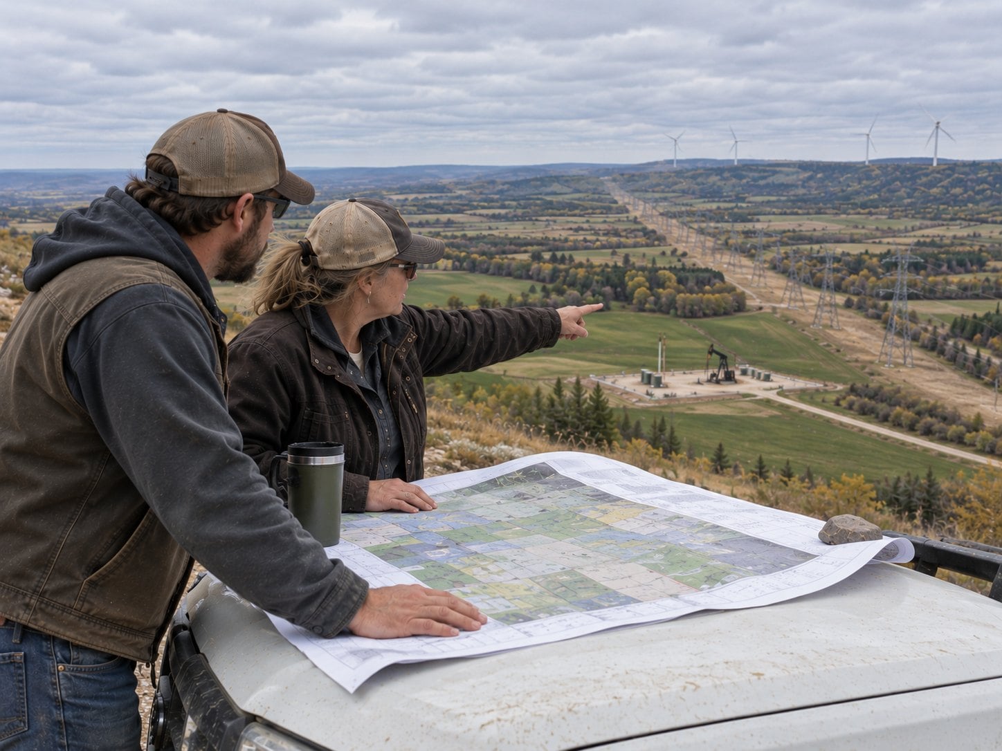 Two land agents comparing a printed parcel map with the project area from a ridge