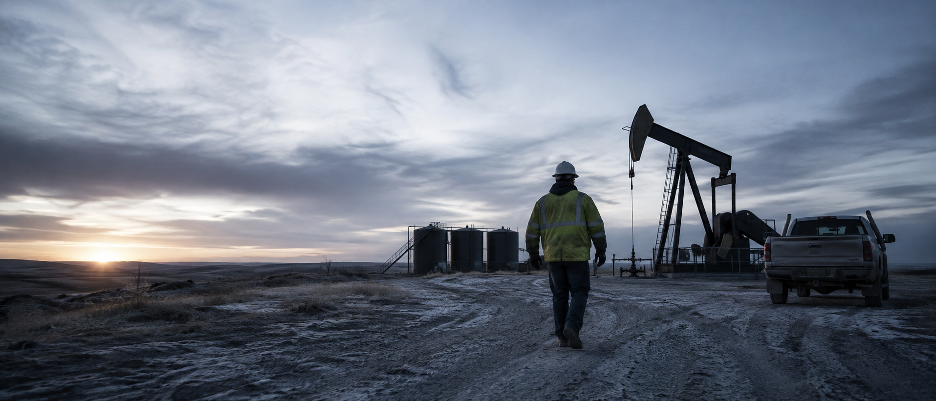 Field operator walking toward a pumpjack and tank battery at an oil and gas production site