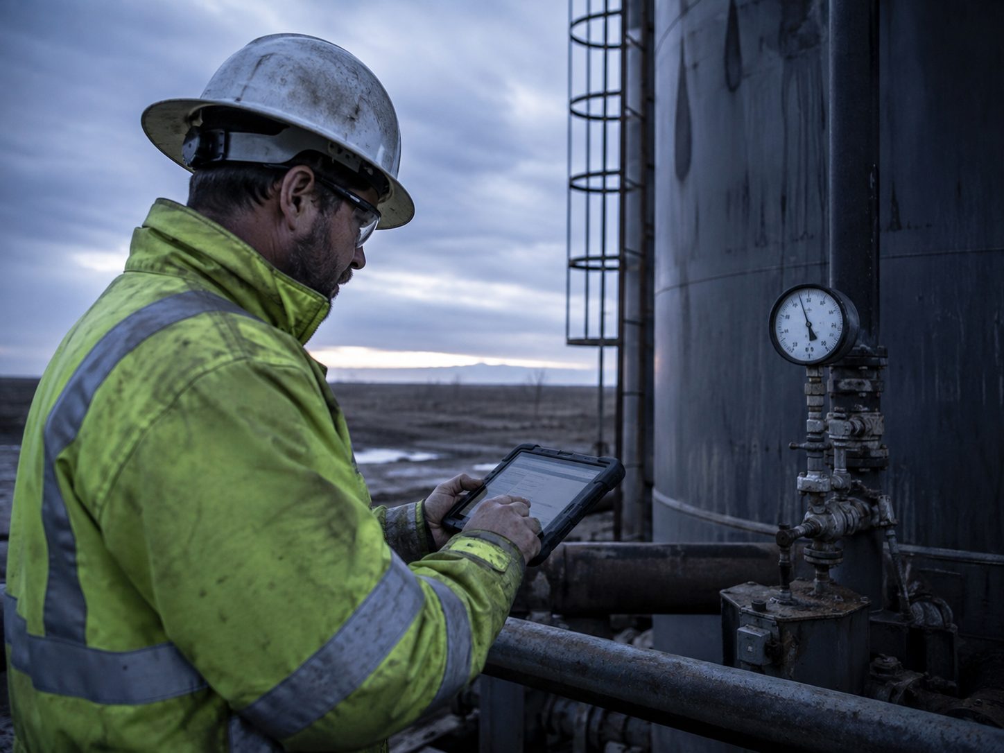Pumper entering a tank gauge reading on a tablet at an oil and gas wellsite tank battery