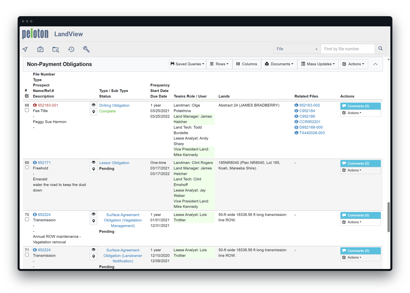 LandView screen for tracking lease obligations and payments